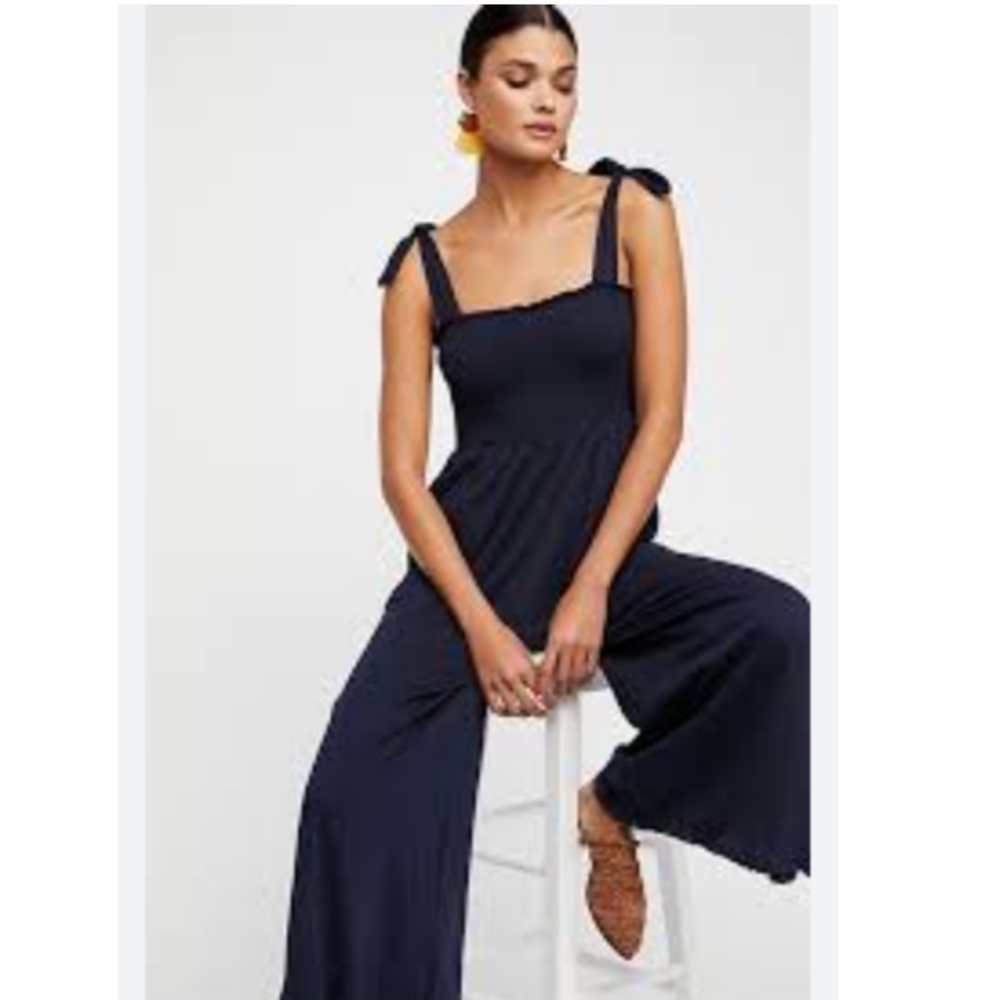 Free People Navy Blue Wide-Leg Tie-Shoulder Jumpsuit